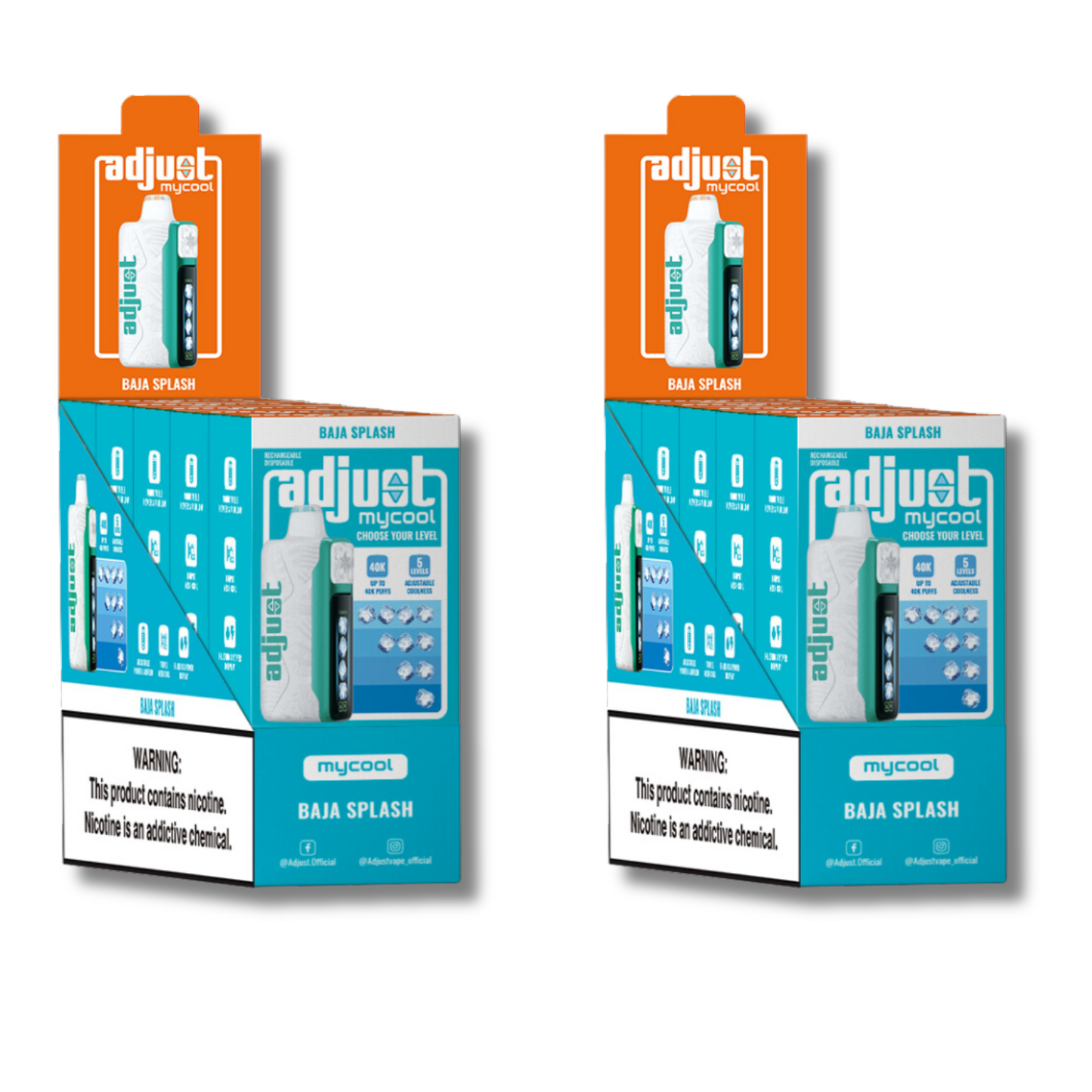 Adjust Vape MyCool 40K Baja Splash flavor display boxes featuring a vibrant design with product images, specifications, and a nicotine warning label, highlighting its customizable vaping options and sleek packaging.