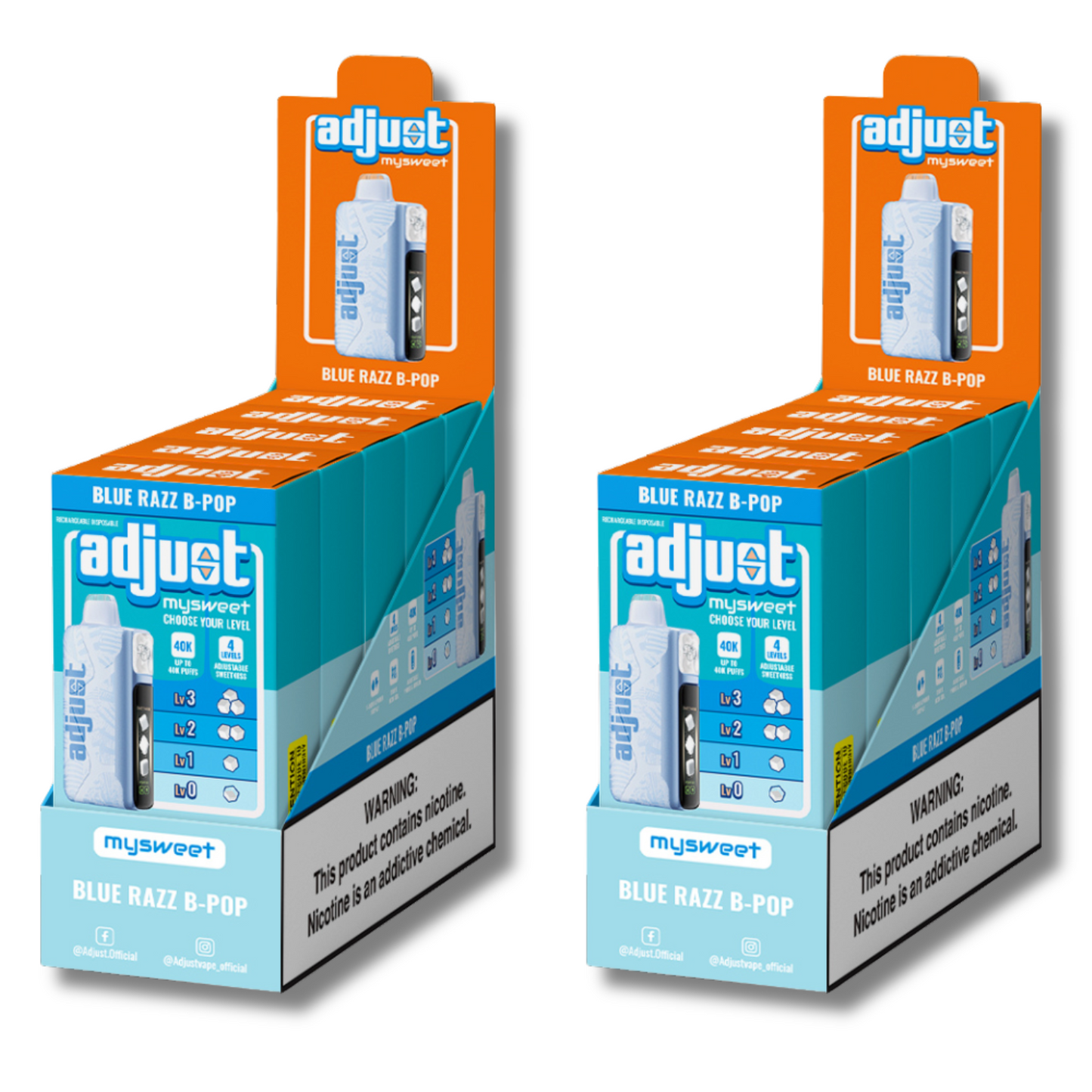 Adjust MySweet Blue Razz B-Pop 40K Puffs Disposable Vape Packaging - Retail display of 10 packs featuring Blue Razz B-Pop flavor with adjustable sweetness levels, 5% nicotine strength, rechargeable design, and vibrant blue and white packaging with a prominently displayed nicotine warning label.