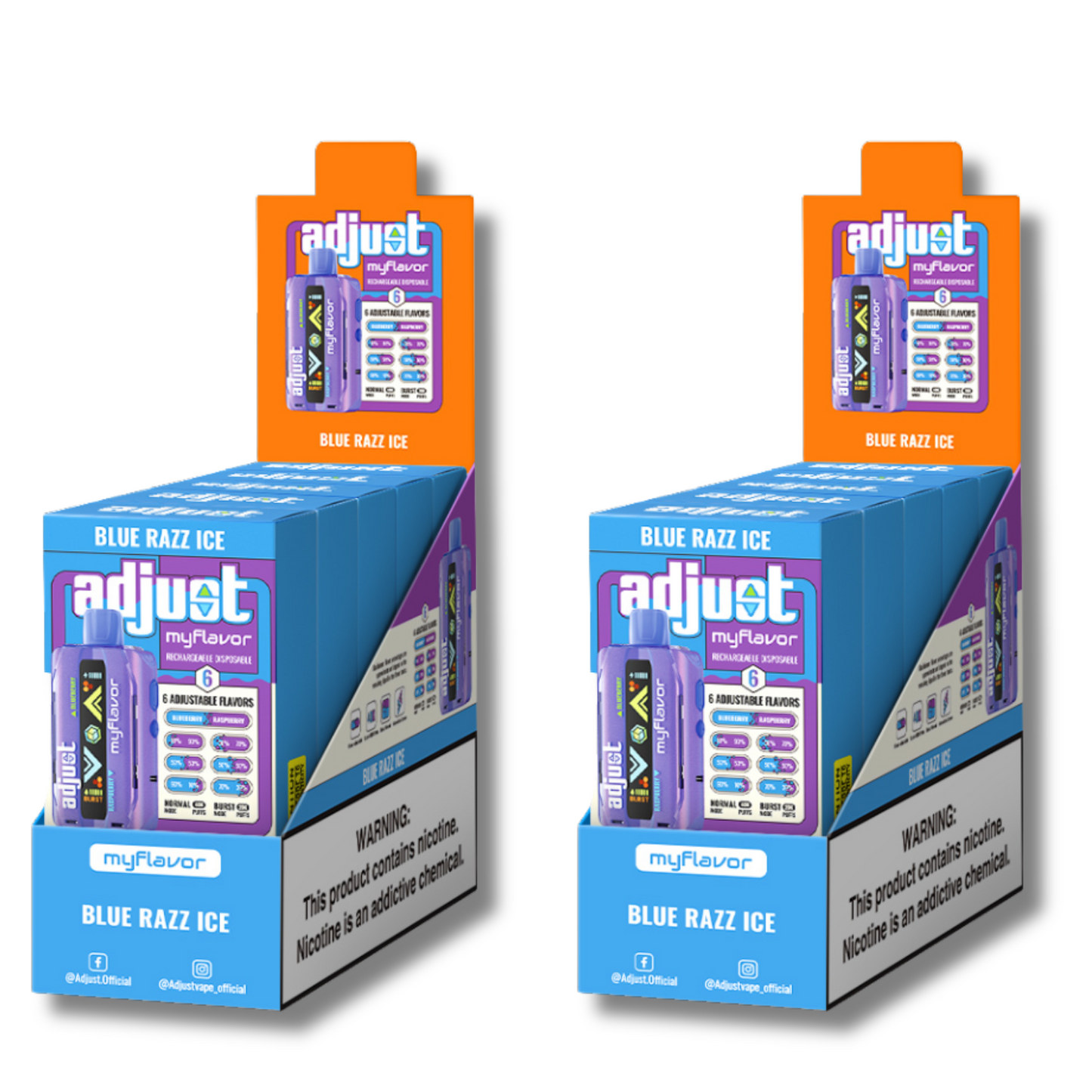 Adjust MyFlavor Blue Razz Ice 40K Puffs Disposable Vape Packaging - Retail display of 10 packs featuring Blue Razz Ice-flavored vape with 6 adjustable flavor intensity settings, rechargeable design, 5% nicotine strength, vibrant blue and purple packaging, and a prominently displayed nicotine warning label.