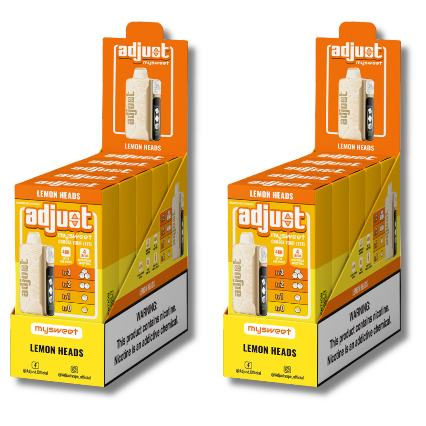 Adjust MySweet Lemon Heads 40K Puffs Disposable Vape Packaging - Retail display of 10 packs featuring Lemon Heads flavor with adjustable sweetness levels, 5% nicotine strength, rechargeable design, and vibrant yellow and white packaging with a prominently displayed nicotine warning label.