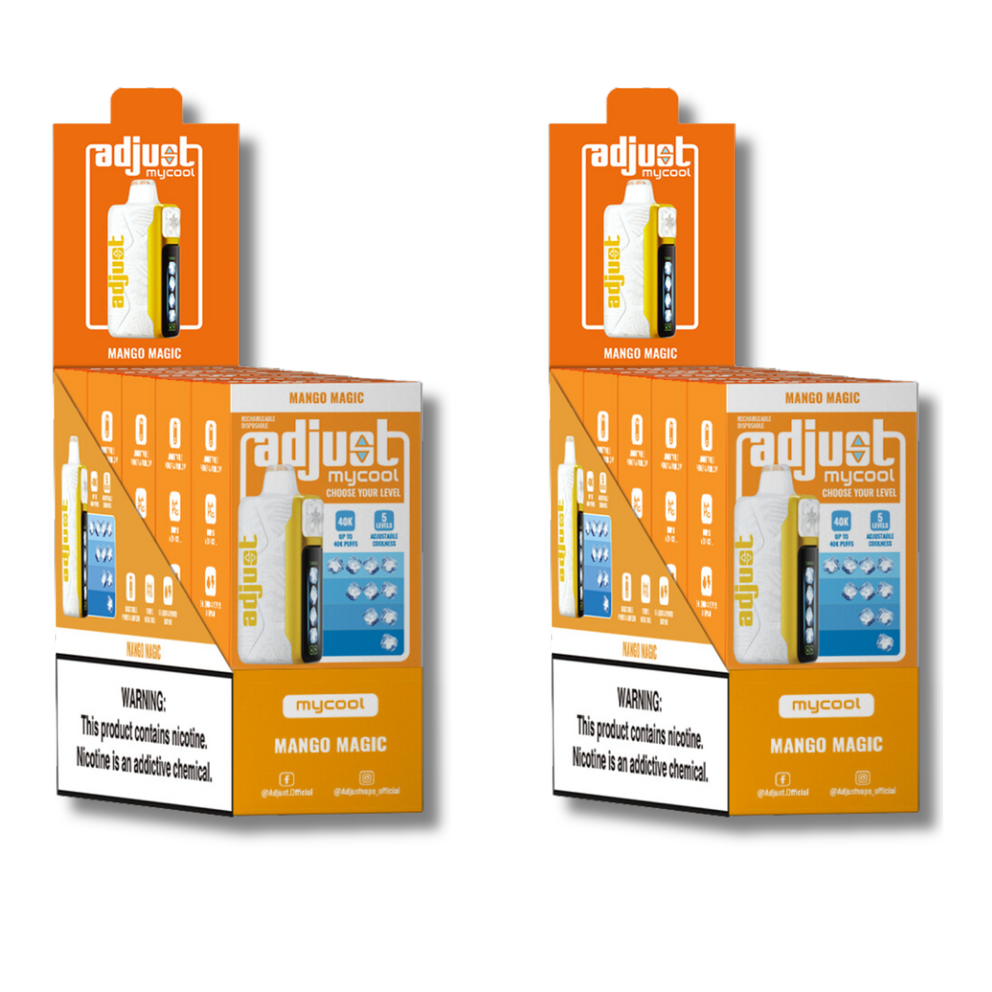 Adjust MyCool Mango Magic 40K Puffs Disposable Vape Packaging - Display of 10 packs featuring mango-flavored vape, adjustable ice level feature, 5% nicotine strength, vibrant orange and white design, with a clear nicotine addiction warning label.