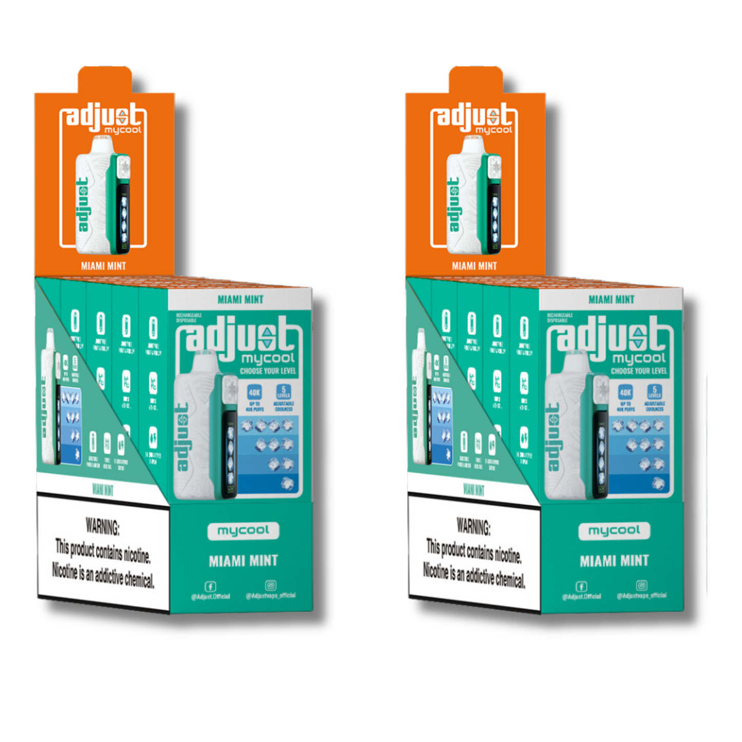 Adjust MyCool Miami Mint 40K Puffs Disposable Vape Packaging - Display of 10 packs featuring mint-flavored vape, adjustable ice level feature, 5% nicotine strength, vibrant green and white design, with a prominent nicotine addiction warning label.