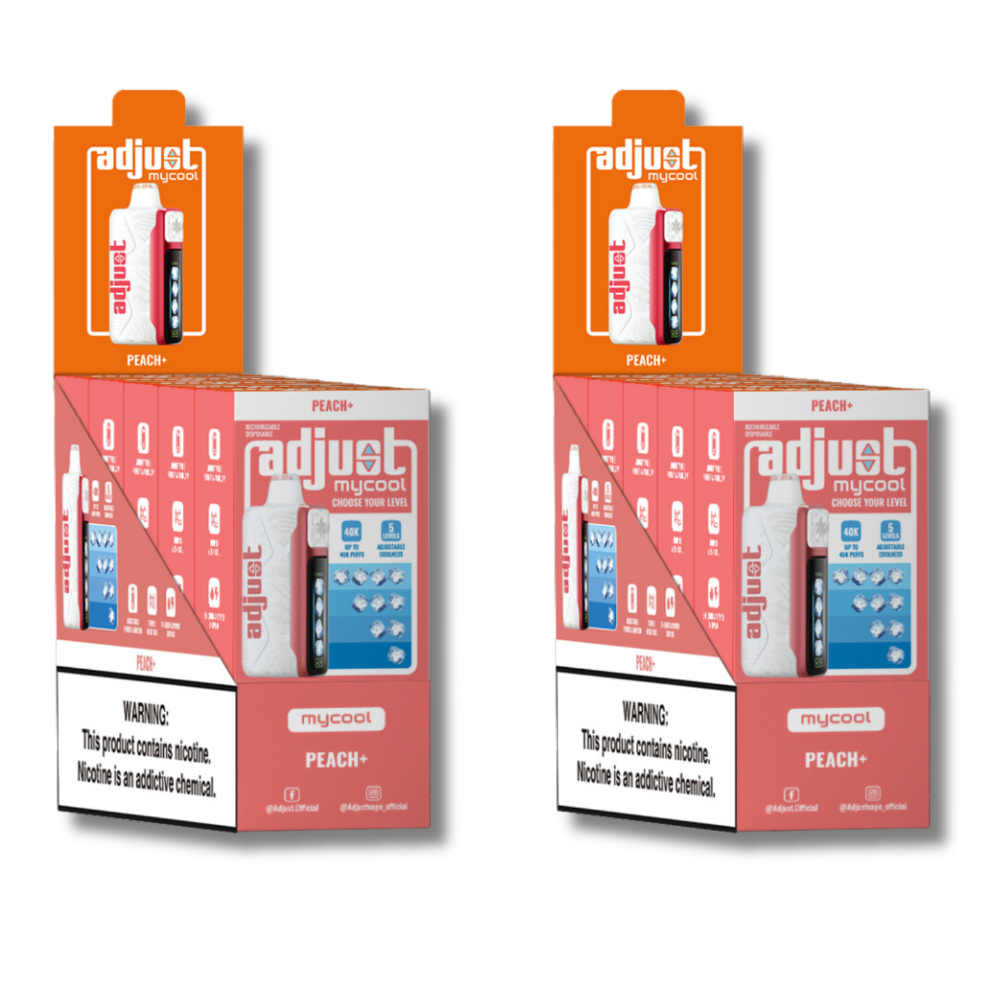Adjust MyCool Peach+ 40K Puffs Disposable Vape Packaging - Display of 10 packs featuring peach-flavored vape, adjustable ice level feature, 5% nicotine strength, soft pink and white design, with a visible nicotine addiction warning label.