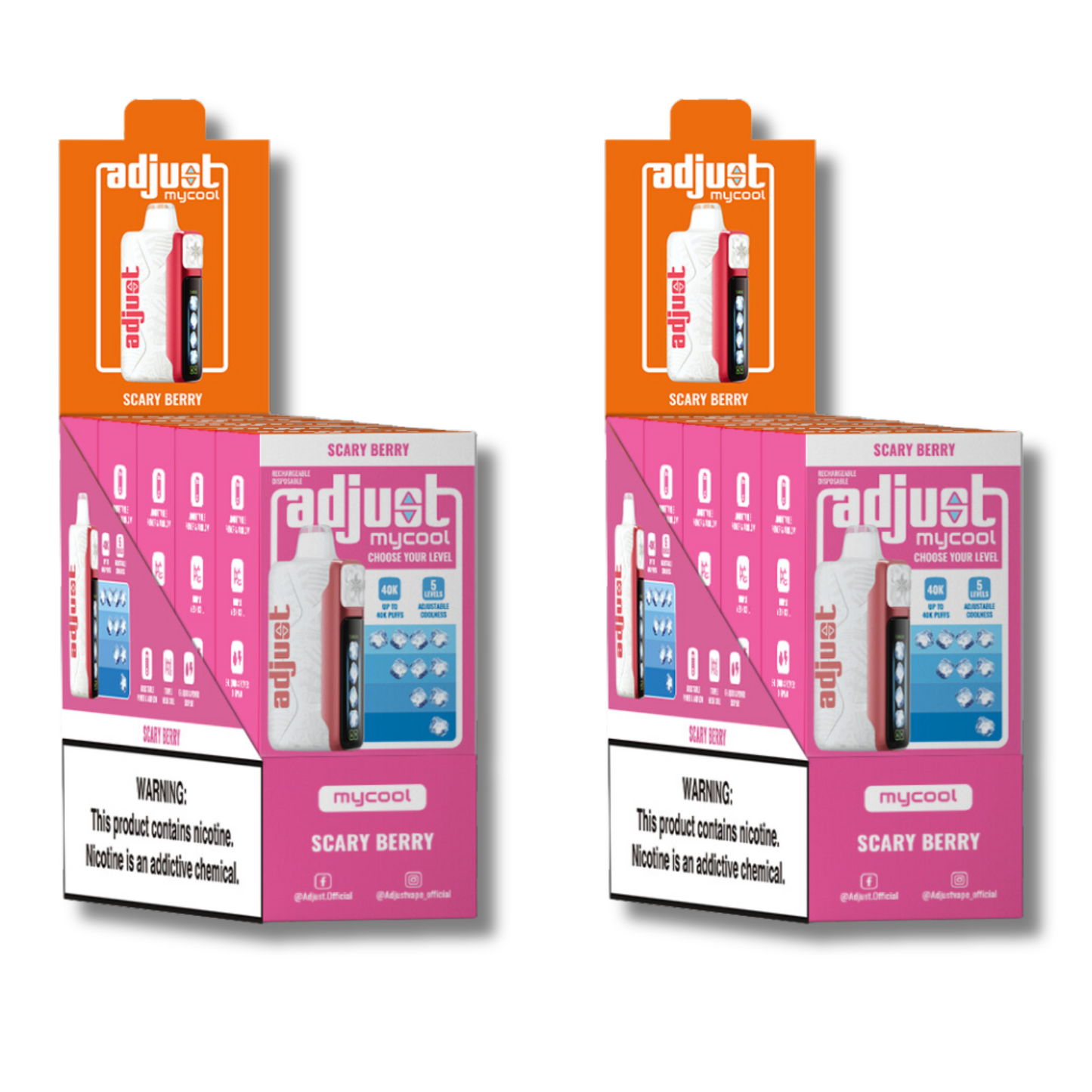 Adjust MyCool Scary Berry 40K Puffs Disposable Vape Packaging - Display of 10 packs featuring mixed berry flavor, adjustable ice level feature, 5% nicotine strength, bold pink and white design, with a clear nicotine addiction warning label.