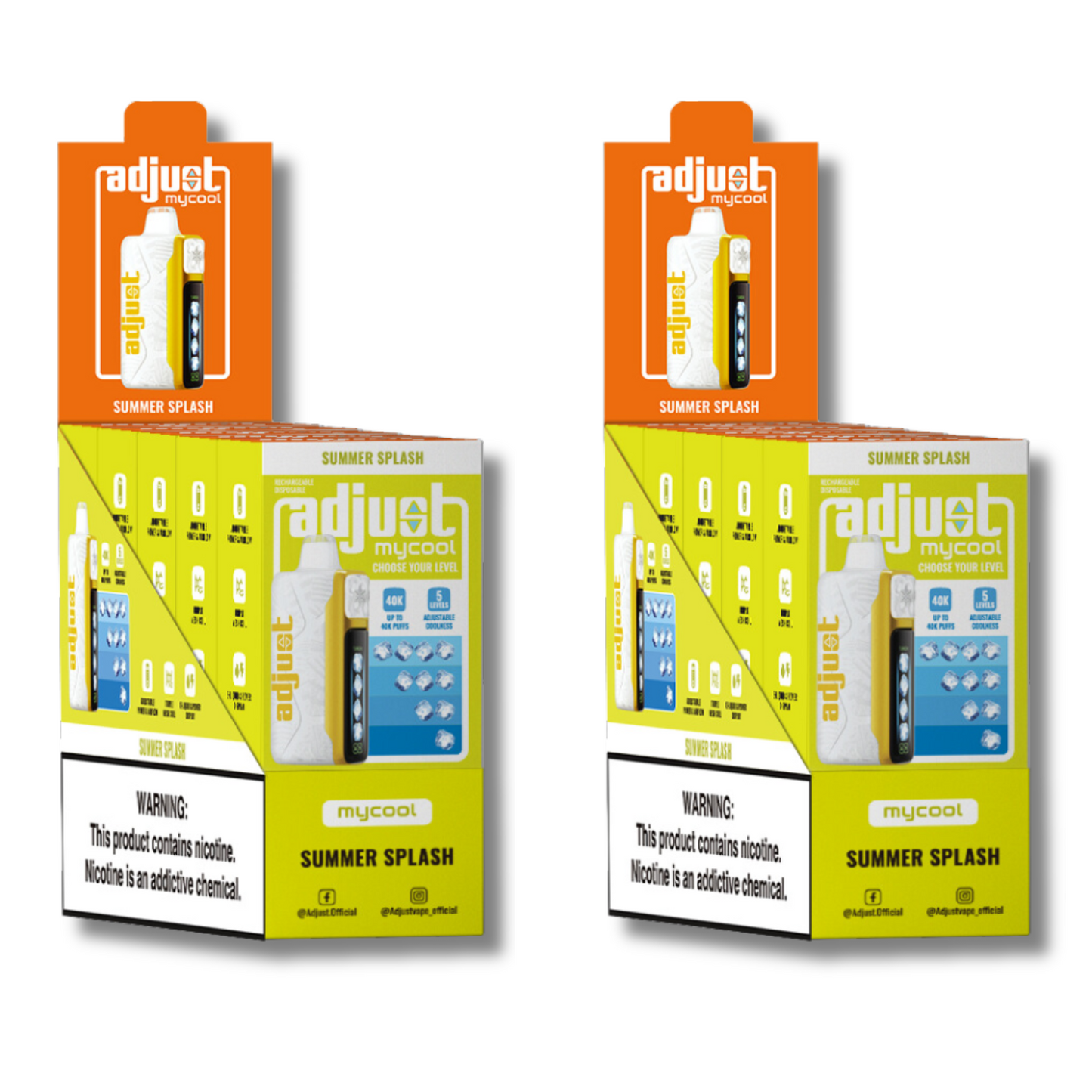 Adjust MyCool Summer Splash 40K Puffs Disposable Vape Packaging - Retail display of 10 packs featuring a tropical summer-flavored vape with adjustable ice cooling feature, 5% nicotine strength, vibrant yellow and white design, and a prominently displayed nicotine warning label.