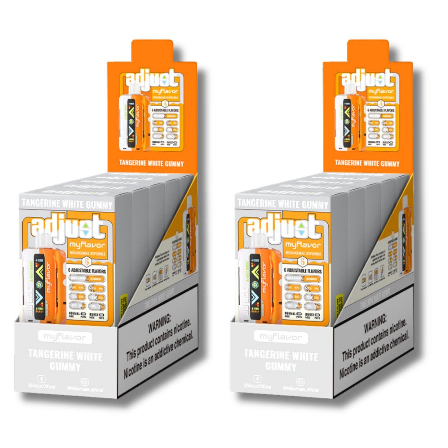Adjust MyFlavor Tangerine White Gummy 40K Puffs Disposable Vape Packaging - Retail display of 10 packs featuring Tangerine White Gummy-flavored vape with 6 adjustable flavor intensity settings, rechargeable design, 5% nicotine strength, vibrant orange and white packaging, and a prominently displayed nicotine warning label.
