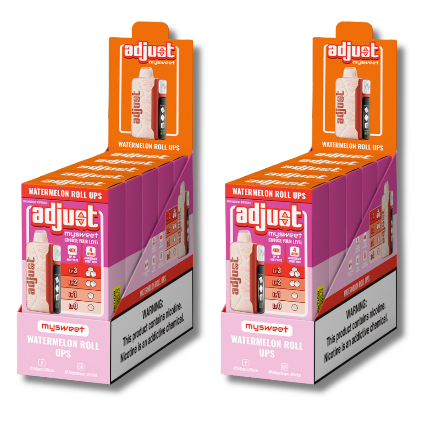 Adjust MySweet Watermelon Roll Ups 40K Puffs Disposable Vape Packaging - Retail display of 10 packs featuring Watermelon Roll Ups flavor with adjustable sweetness levels, 5% nicotine strength, rechargeable design, and vibrant pink and red packaging with a prominently displayed nicotine warning label.