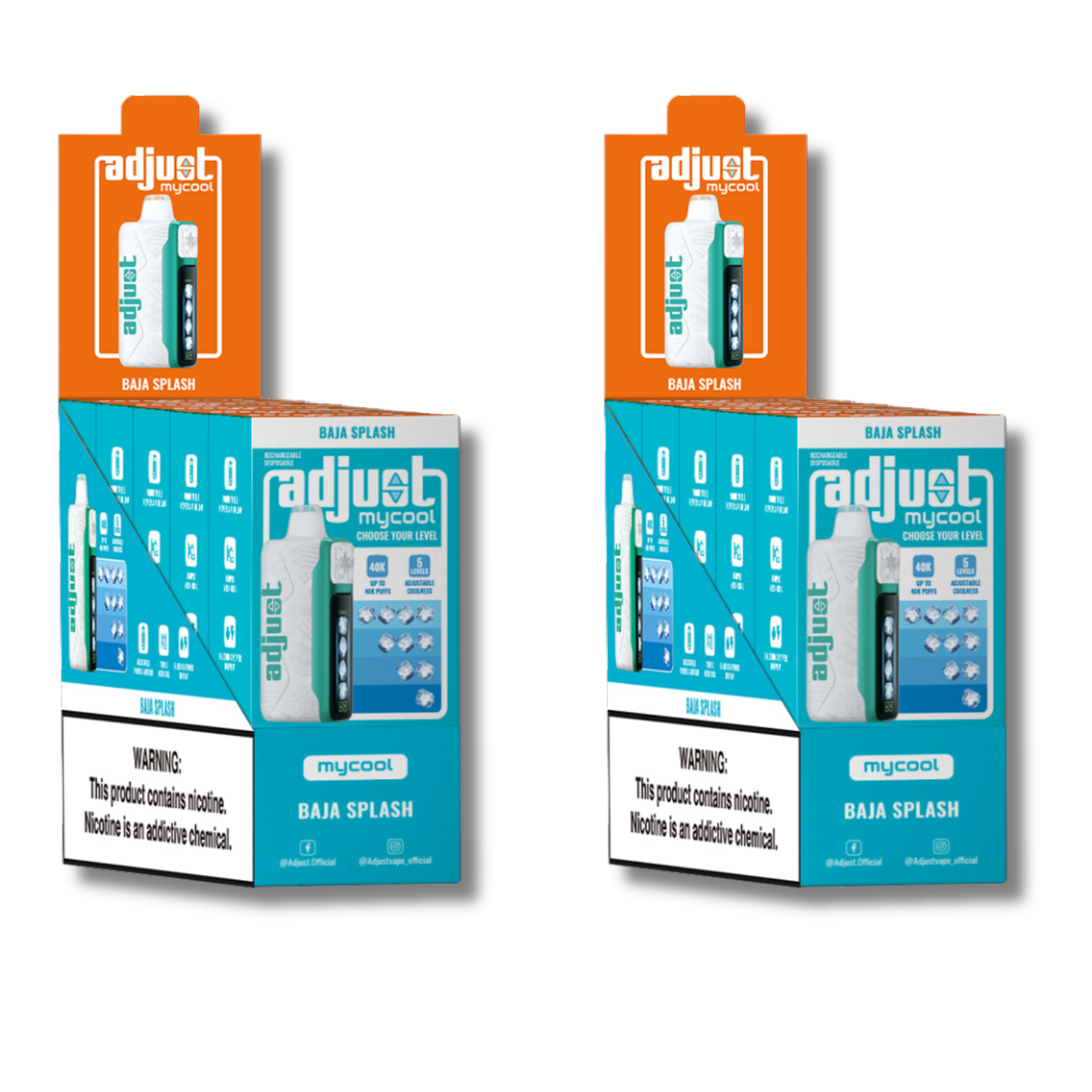 Adjust Vape MyCool 40K Baja Splash flavor display boxes featuring a vibrant design with product images, specifications, and a nicotine warning label, highlighting its customizable vaping options and sleek packaging.