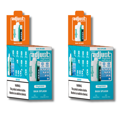Adjust Vape MyCool 40K Baja Splash flavor display boxes featuring a vibrant design with product images, specifications, and a nicotine warning label, highlighting its customizable vaping options and sleek packaging.