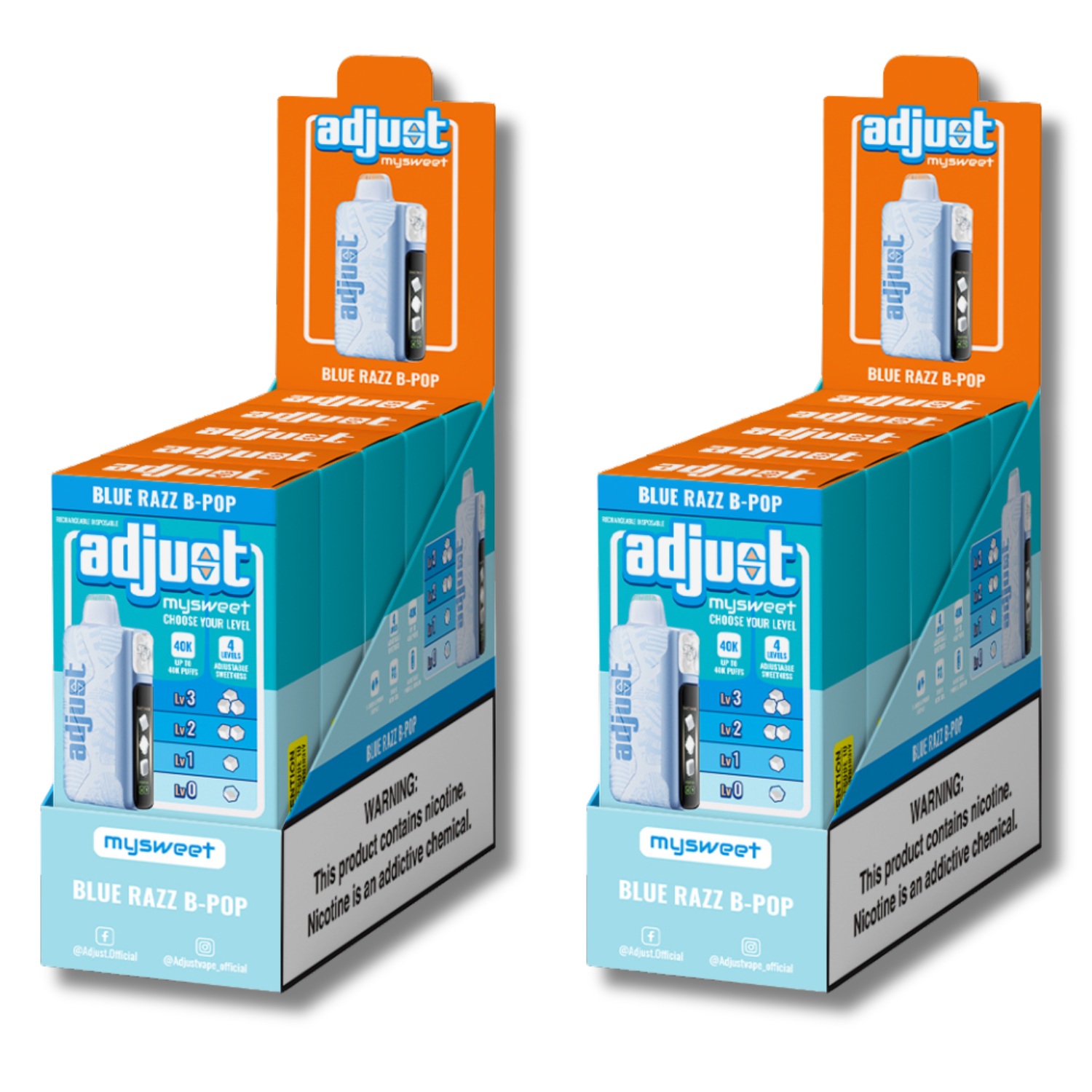Adjust MySweet Blue Razz B-Pop 40K Puffs Disposable Vape Packaging - Retail display of 10 packs featuring Blue Razz B-Pop flavor with adjustable sweetness levels, 5% nicotine strength, rechargeable design, and vibrant blue and white packaging with a prominently displayed nicotine warning label.