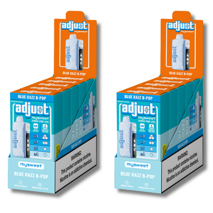 Adjust MySweet Blue Razz B-Pop 40K Puffs Disposable Vape Packaging - Retail display of 10 packs featuring Blue Razz B-Pop flavor with adjustable sweetness levels, 5% nicotine strength, rechargeable design, and vibrant blue and white packaging with a prominently displayed nicotine warning label.