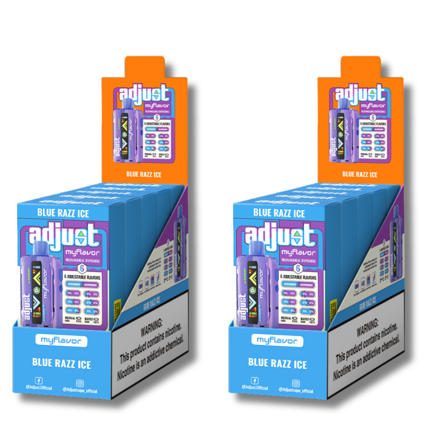 Adjust MyFlavor Blue Razz Ice 40K Puffs Disposable Vape Packaging - Retail display of 10 packs featuring Blue Razz Ice-flavored vape with 6 adjustable flavor intensity settings, rechargeable design, 5% nicotine strength, vibrant blue and purple packaging, and a prominently displayed nicotine warning label.