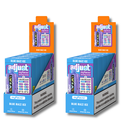 Adjust MyFlavor Blue Razz Ice 40K Puffs Disposable Vape Packaging - Retail display of 10 packs featuring Blue Razz Ice-flavored vape with 6 adjustable flavor intensity settings, rechargeable design, 5% nicotine strength, vibrant blue and purple packaging, and a prominently displayed nicotine warning label.