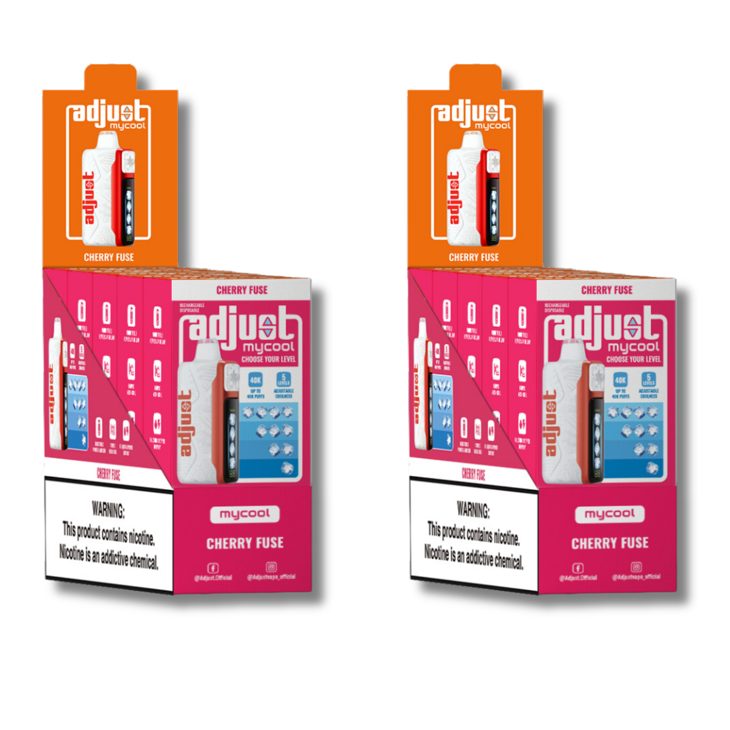 Adjust MyCool Cherry Fuse 40K Puffs Disposable Vape Packaging - Display of 10 packs featuring cherry-flavored vape, adjustable ice level feature, 5% nicotine strength, vibrant pink and white design, with a clear nicotine addiction warning label.