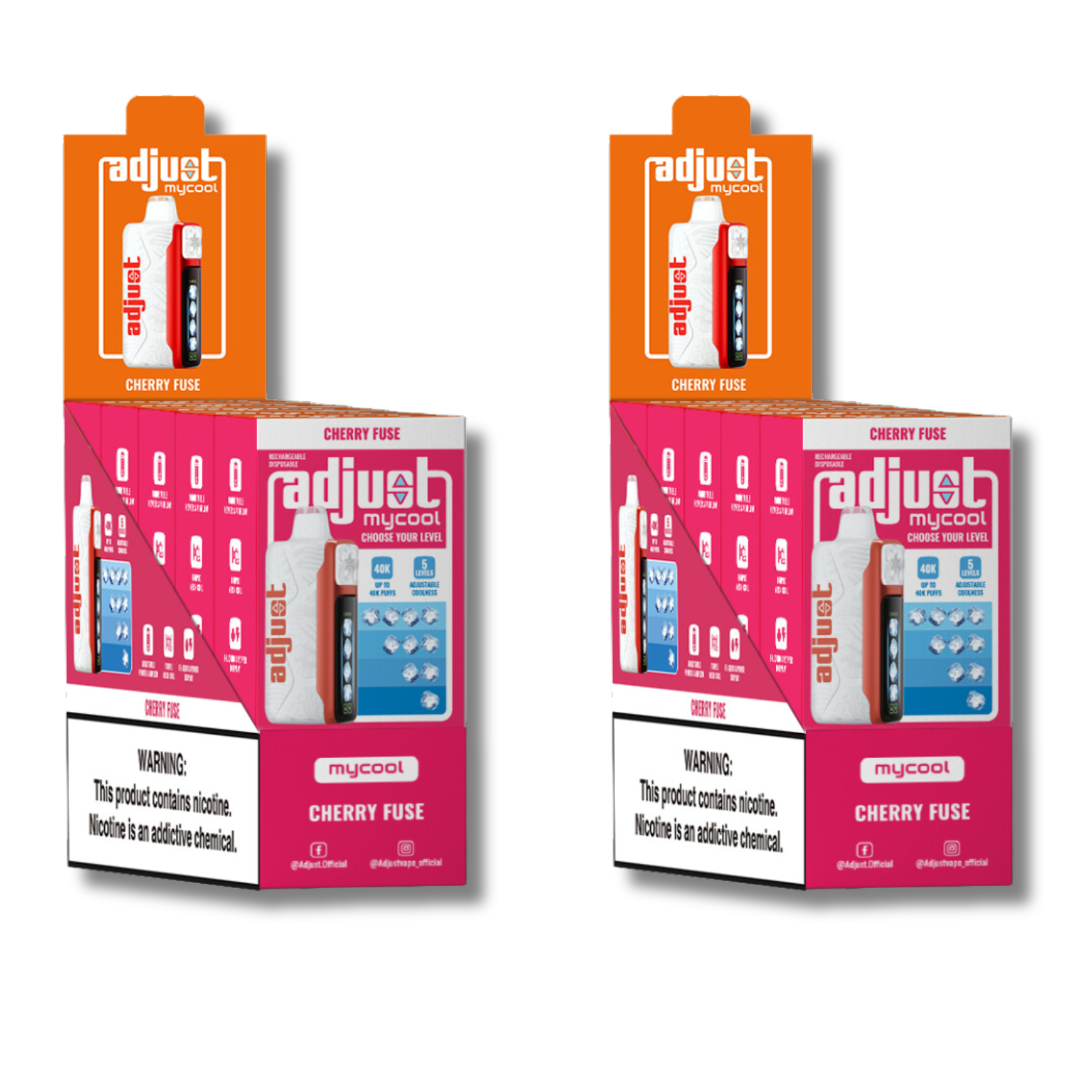 Adjust MyCool Cherry Fuse 40K Puffs Disposable Vape Packaging - Display of 10 packs featuring cherry-flavored vape, adjustable ice level feature, 5% nicotine strength, vibrant pink and white design, with a clear nicotine addiction warning label.