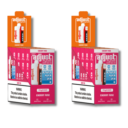 Adjust MyCool Cherry Fuse 40K Puffs Disposable Vape Packaging - Display of 10 packs featuring cherry-flavored vape, adjustable ice level feature, 5% nicotine strength, vibrant pink and white design, with a clear nicotine addiction warning label.
