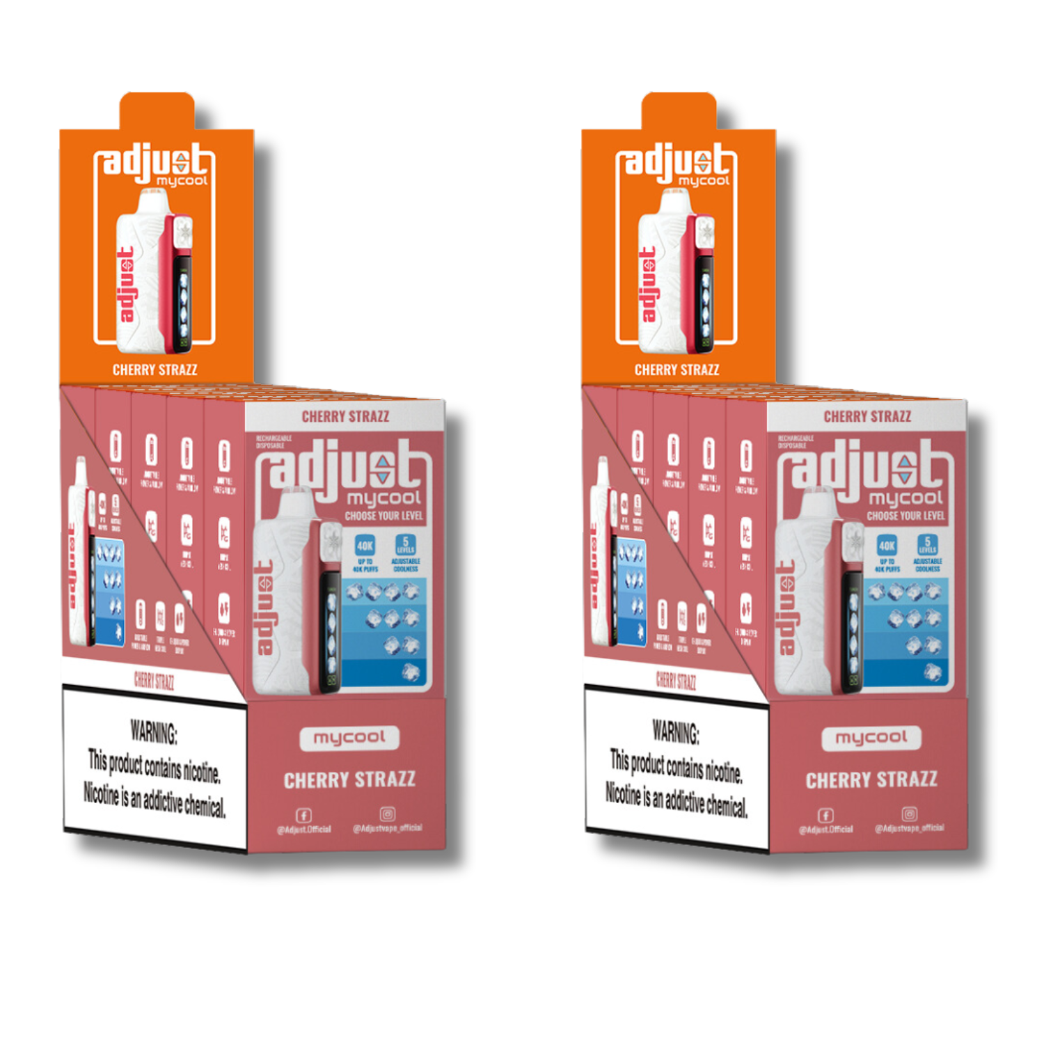 Adjust MyCool Cherry Strazz 40K Puffs Disposable Vape Packaging - Display of 10 packs featuring cherry flavor, adjustable ice level feature, 5% nicotine strength, sleek white and red design, with a prominent nicotine addiction warning label