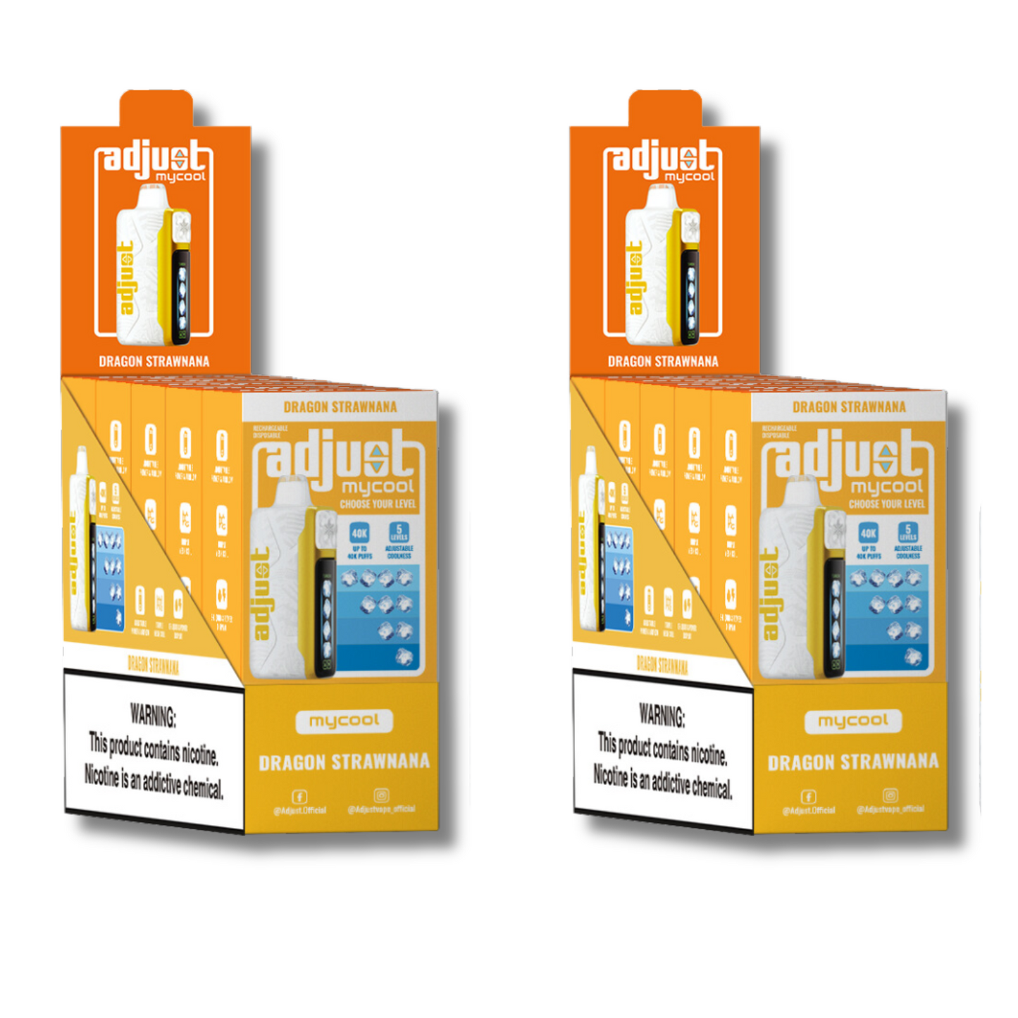 Adjust MyCool Dragon Strawnana 40K Puffs Disposable Vape Packaging - Display of 10 packs featuring dragon fruit and strawberry banana flavor, adjustable ice level feature, 5% nicotine strength, vibrant yellow and white design, with a prominent nicotine addiction warning label.