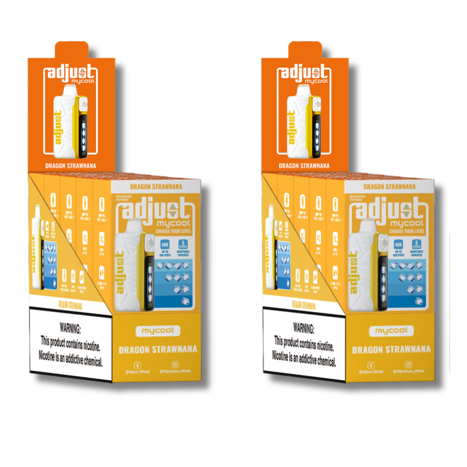 Adjust MyCool Dragon Strawnana 40K Puffs Disposable Vape Packaging - Display of 10 packs featuring dragon fruit and strawberry banana flavor, adjustable ice level feature, 5% nicotine strength, vibrant yellow and white design, with a prominent nicotine addiction warning label.