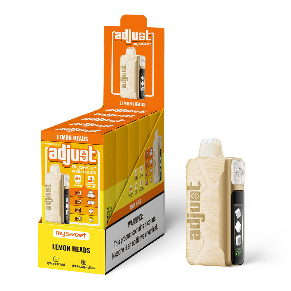 Adjust MySweet Lemon Heads 40K Puffs Disposable Vape Packaging - Retail display of 10 packs featuring Lemon Heads flavor with adjustable sweetness levels, 5% nicotine strength, rechargeable design, and vibrant yellow and white packaging with a prominently displayed nicotine warning label.