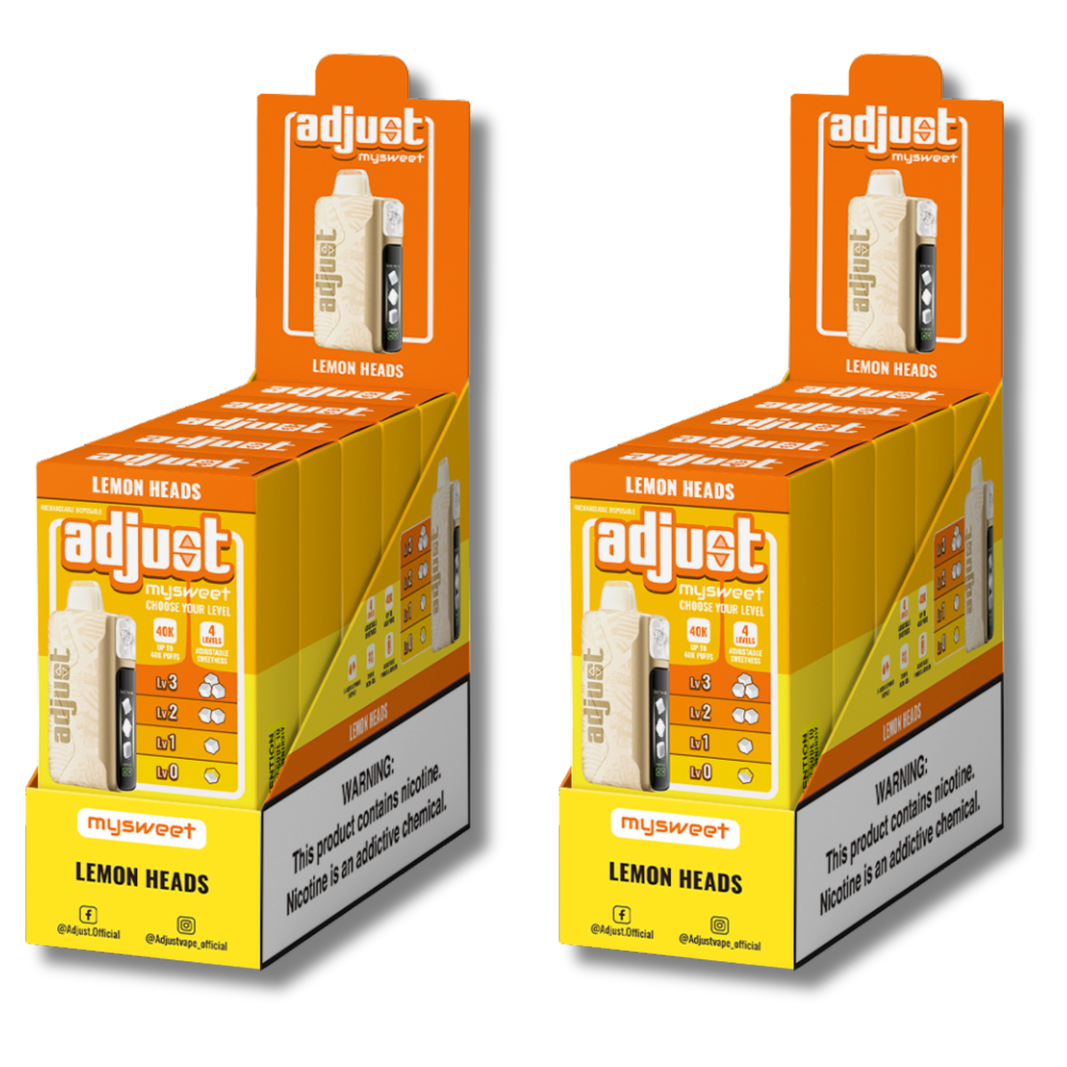 Adjust MySweet Lemon Heads 40K Puffs Disposable Vape Packaging - Retail display of 10 packs featuring Lemon Heads flavor with adjustable sweetness levels, 5% nicotine strength, rechargeable design, and vibrant yellow and white packaging with a prominently displayed nicotine warning label.