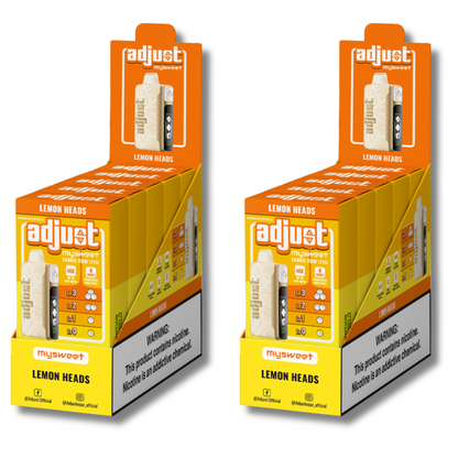 Adjust MySweet Lemon Heads 40K Puffs Disposable Vape Packaging - Retail display of 10 packs featuring Lemon Heads flavor with adjustable sweetness levels, 5% nicotine strength, rechargeable design, and vibrant yellow and white packaging with a prominently displayed nicotine warning label.