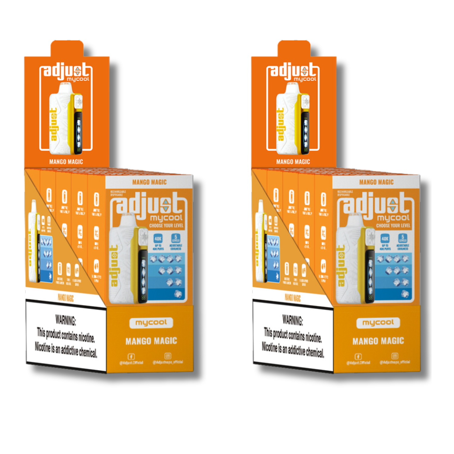 Adjust MyCool Mango Magic 40K Puffs Disposable Vape Packaging - Display of 10 packs featuring mango-flavored vape, adjustable ice level feature, 5% nicotine strength, vibrant orange and white design, with a clear nicotine addiction warning label.