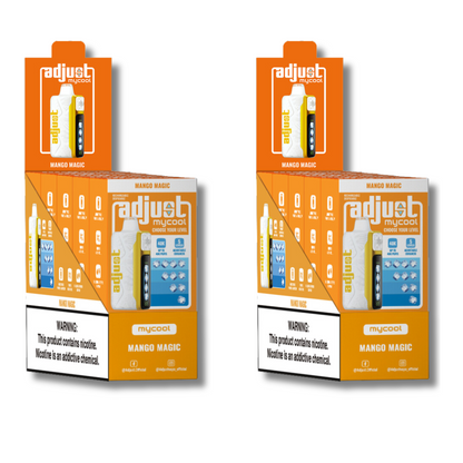 Adjust MyCool Mango Magic 40K Puffs Disposable Vape Packaging - Display of 10 packs featuring mango-flavored vape, adjustable ice level feature, 5% nicotine strength, vibrant orange and white design, with a clear nicotine addiction warning label.