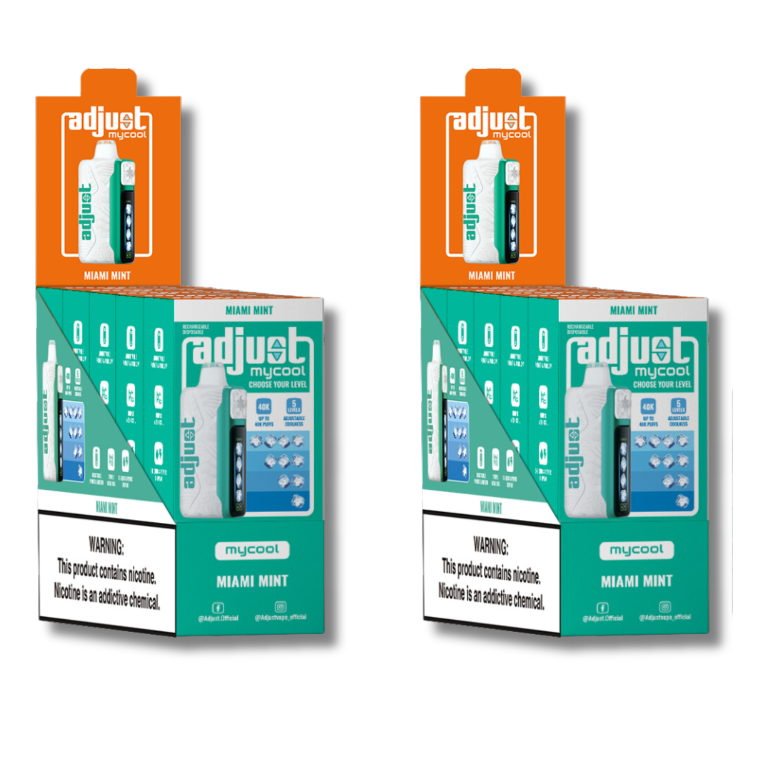 Adjust MyCool Miami Mint 40K Puffs Disposable Vape Packaging - Display of 10 packs featuring mint-flavored vape, adjustable ice level feature, 5% nicotine strength, vibrant green and white design, with a prominent nicotine addiction warning label.