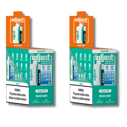 Adjust MyCool Miami Mint 40K Puffs Disposable Vape Packaging - Display of 10 packs featuring mint-flavored vape, adjustable ice level feature, 5% nicotine strength, vibrant green and white design, with a prominent nicotine addiction warning label.