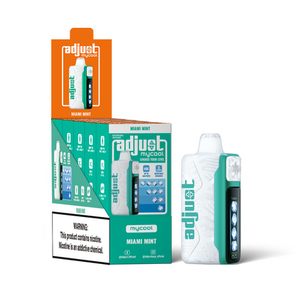 Adjust MyCool Miami Mint 40K Puffs Disposable Vape Packaging - Retail display of 5 packs featuring a refreshing mint flavor with adjustable ice cooling feature, 5% nicotine strength, vibrant teal and white design, and a prominently displayed nicotine warning label.