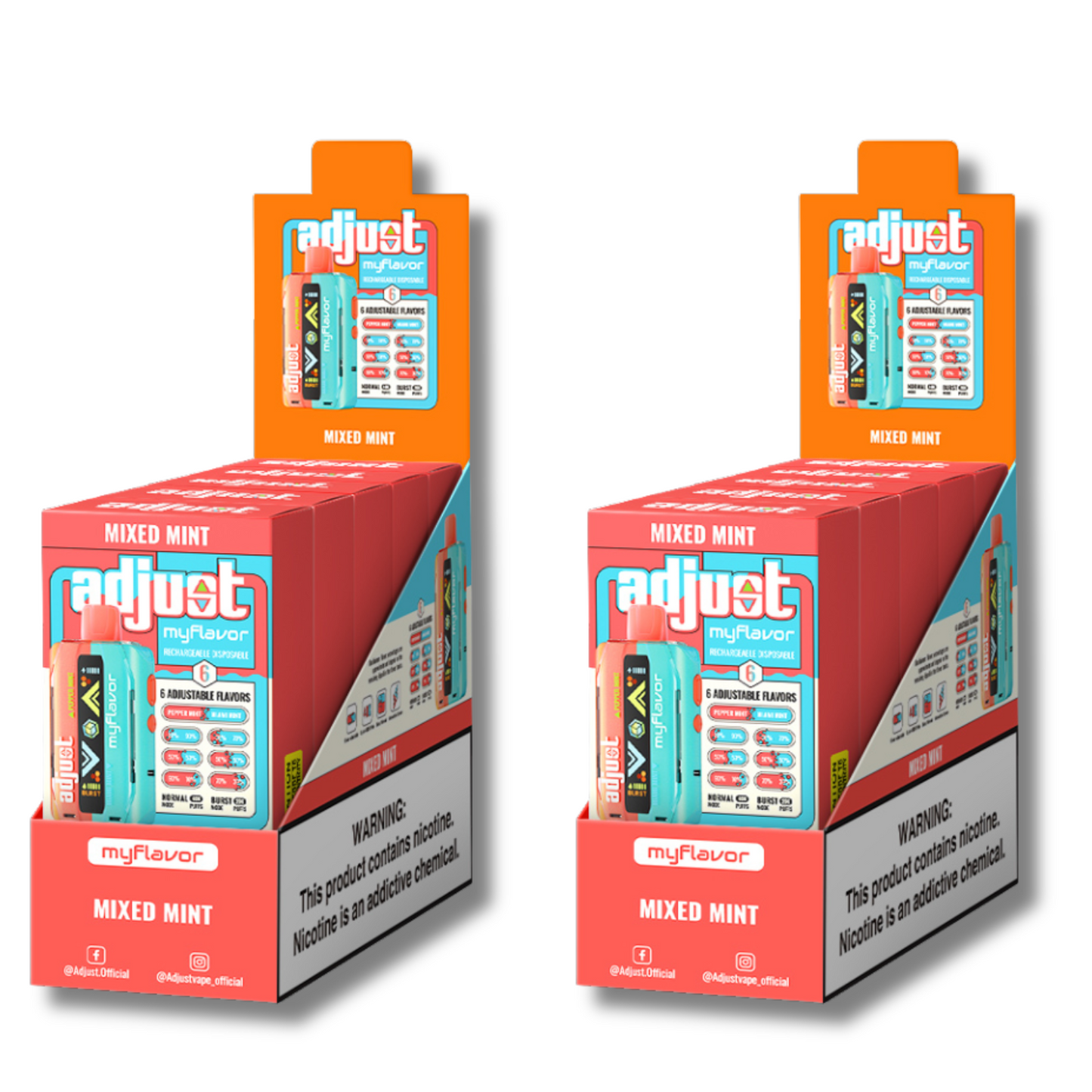 Adjust MyFlavor Mixed Mint 40K Puffs Disposable Vape Packaging - Retail display of 10 packs featuring Mixed Mint-flavored vape with 6 adjustable flavor intensity settings, rechargeable design, 5% nicotine strength, vibrant red and teal packaging, and a prominently displayed nicotine warning label.