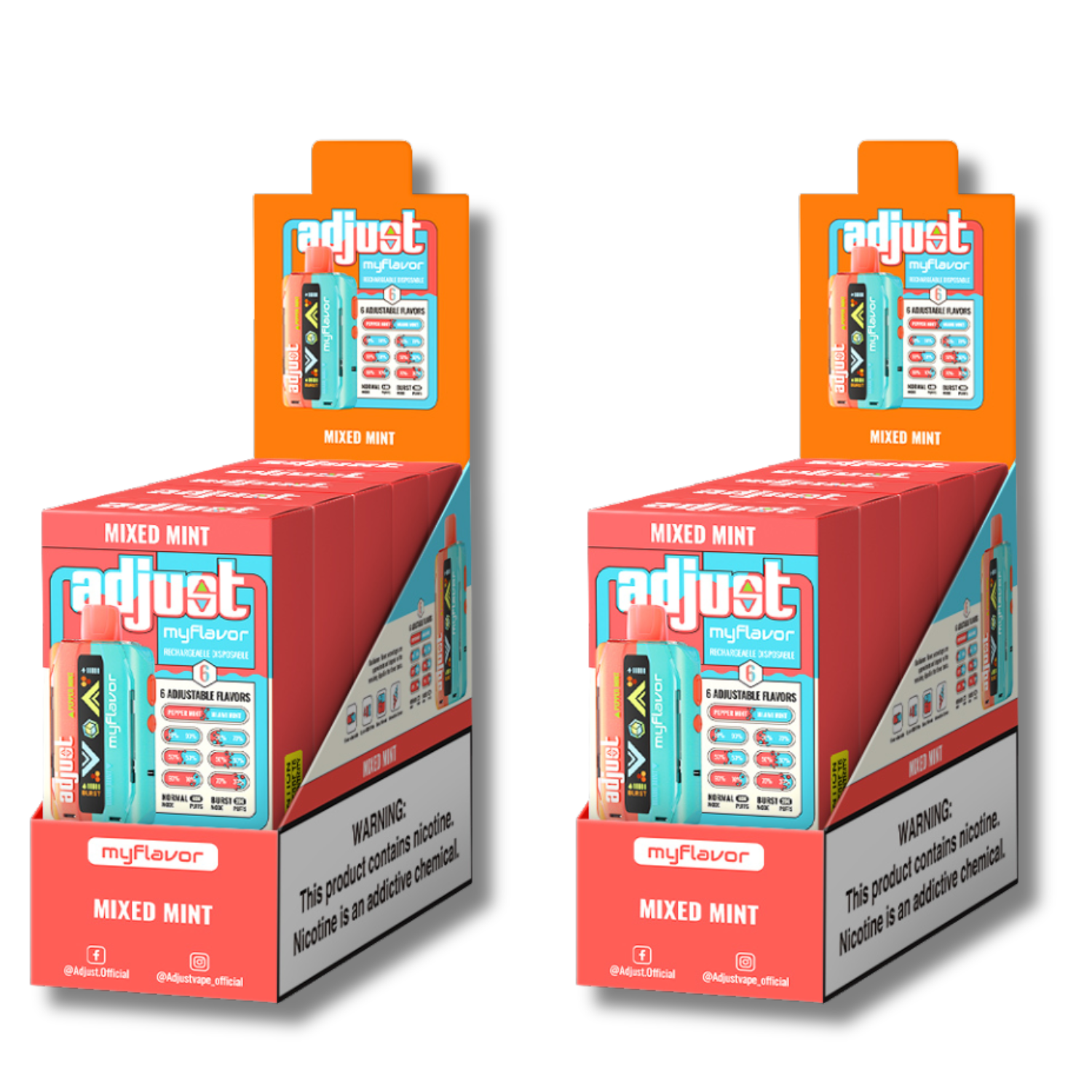 Adjust MyFlavor Mixed Mint 40K Puffs Disposable Vape Packaging - Retail display of 10 packs featuring Mixed Mint-flavored vape with 6 adjustable flavor intensity settings, rechargeable design, 5% nicotine strength, vibrant red and teal packaging, and a prominently displayed nicotine warning label.