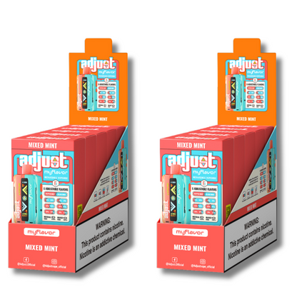 Adjust MyFlavor Mixed Mint 40K Puffs Disposable Vape Packaging - Retail display of 10 packs featuring Mixed Mint-flavored vape with 6 adjustable flavor intensity settings, rechargeable design, 5% nicotine strength, vibrant red and teal packaging, and a prominently displayed nicotine warning label.
