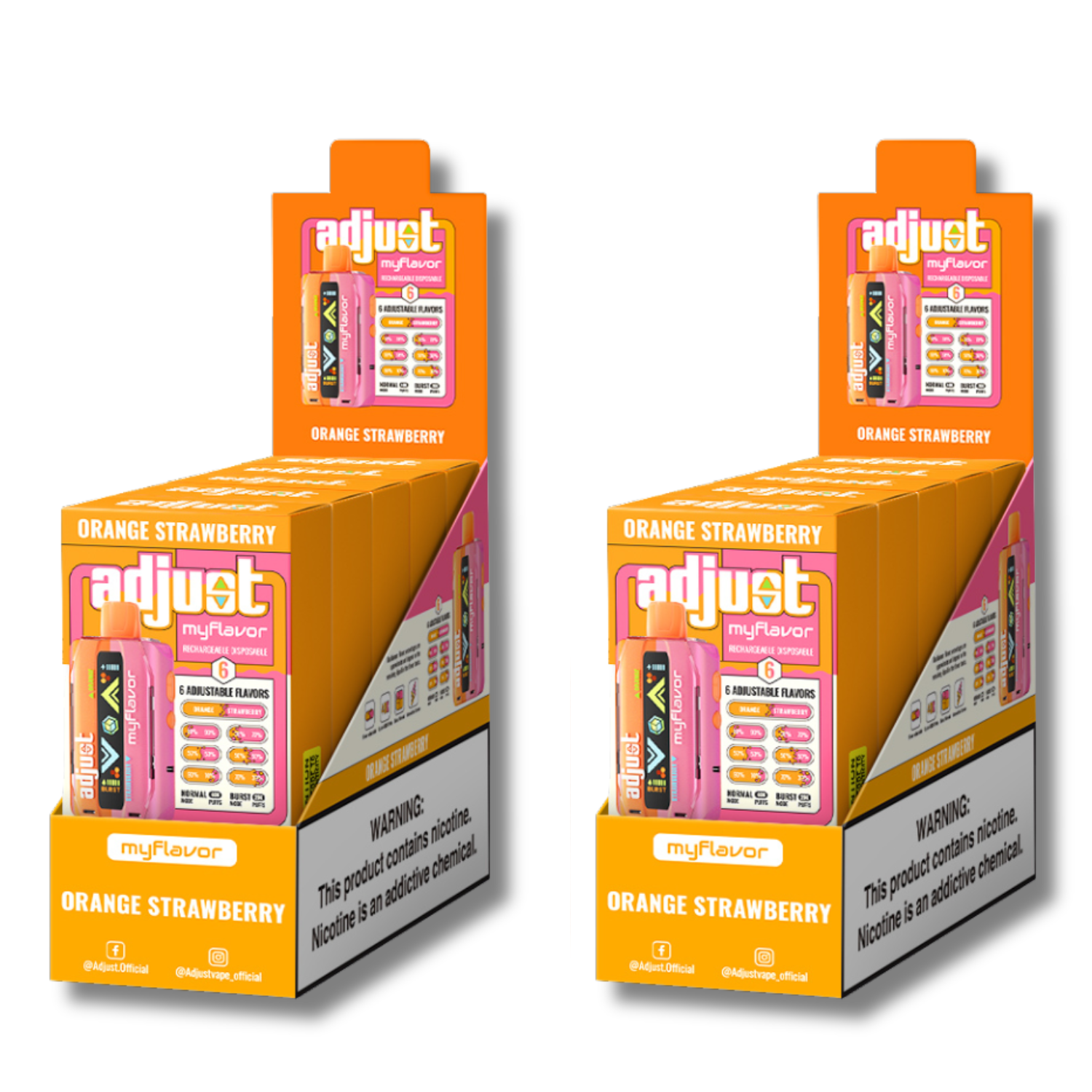 Adjust MyFlavor Orange Strawberry 40K Puffs Disposable Vape Packaging - Retail display of 10 packs featuring Orange Strawberry-flavored vape with 6 adjustable flavor intensity settings, rechargeable design, 5% nicotine strength, vibrant orange and pink packaging, and a prominently displayed nicotine warning label.