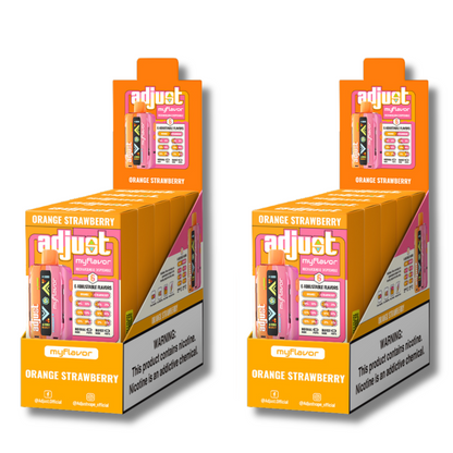 Adjust MyFlavor Orange Strawberry 40K Puffs Disposable Vape Packaging - Retail display of 10 packs featuring Orange Strawberry-flavored vape with 6 adjustable flavor intensity settings, rechargeable design, 5% nicotine strength, vibrant orange and pink packaging, and a prominently displayed nicotine warning label.
