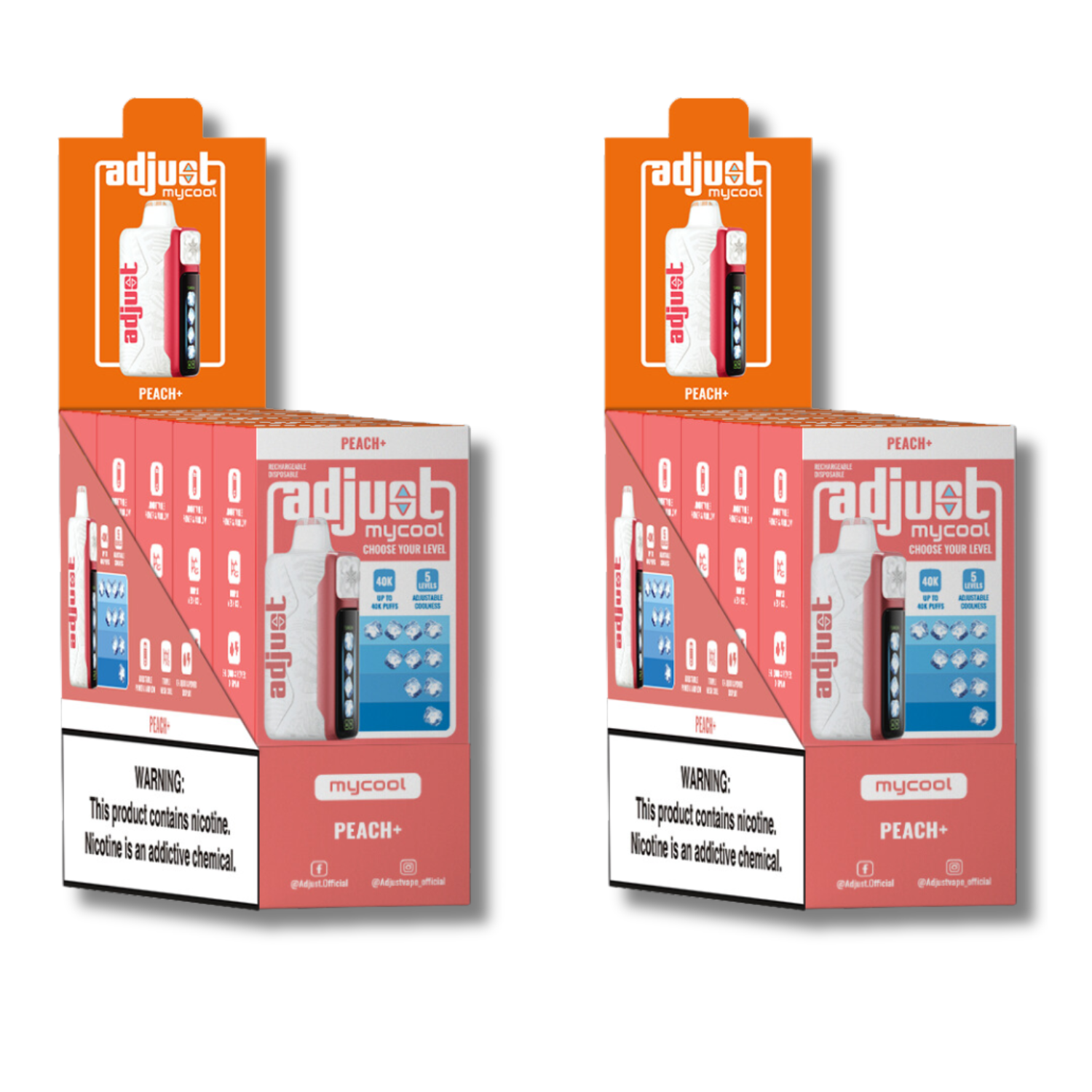 Adjust MyCool Peach+ 40K Puffs Disposable Vape Packaging - Display of 10 packs featuring peach-flavored vape, adjustable ice level feature, 5% nicotine strength, soft pink and white design, with a visible nicotine addiction warning label.