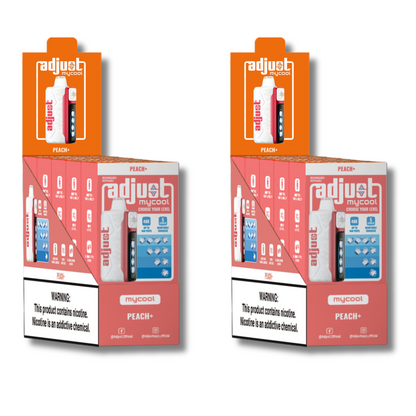 Adjust MyCool Peach+ 40K Puffs Disposable Vape Packaging - Display of 10 packs featuring peach-flavored vape, adjustable ice level feature, 5% nicotine strength, soft pink and white design, with a visible nicotine addiction warning label.