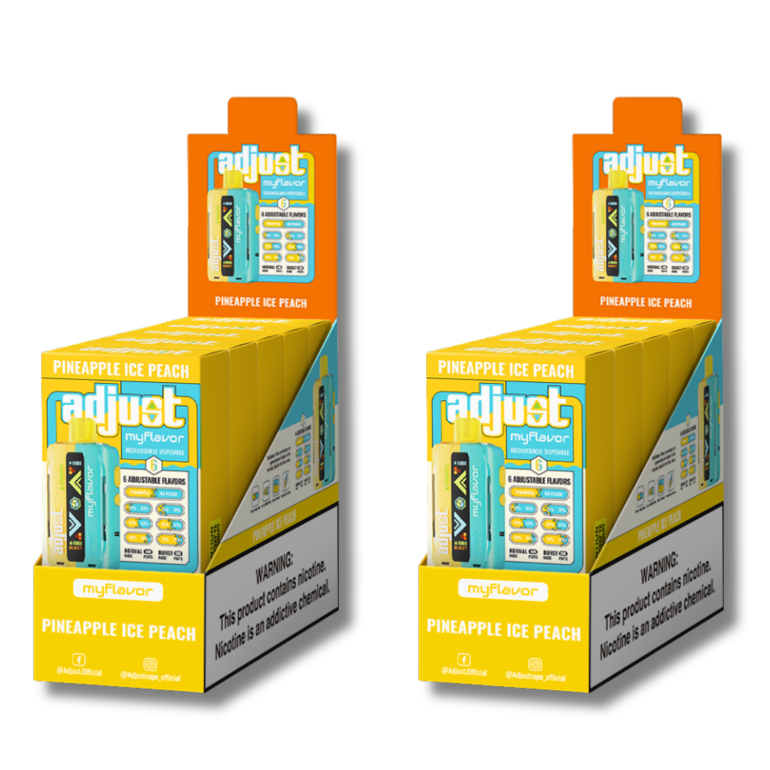 Adjust MyFlavor Pineapple Ice Peach 40K Puffs Disposable Vape Packaging - Retail display of 10 packs featuring Pineapple Ice Peach-flavored vape with 6 adjustable flavor intensity settings, rechargeable design, 5% nicotine strength, vibrant yellow and teal packaging, and a prominently displayed nicotine warning label.