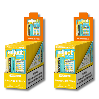 Adjust MyFlavor Pineapple Ice Peach 40K Puffs Disposable Vape Packaging - Retail display of 10 packs featuring Pineapple Ice Peach-flavored vape with 6 adjustable flavor intensity settings, rechargeable design, 5% nicotine strength, vibrant yellow and teal packaging, and a prominently displayed nicotine warning label.