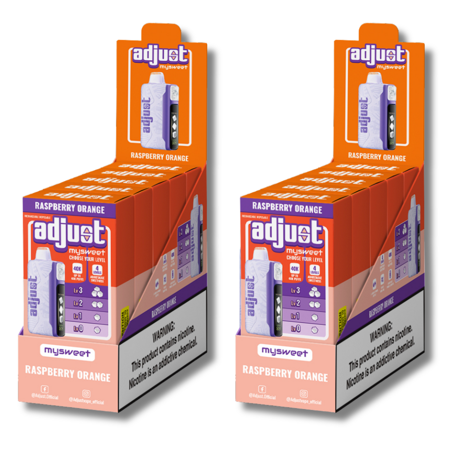 Adjust MySweet Raspberry Orange 40K Puffs Disposable Vape Packaging - Retail display of 10 packs featuring Raspberry Orange flavor with adjustable sweetness levels, 5% nicotine strength, rechargeable design, and vibrant orange and purple packaging with a prominently displayed nicotine warning label.