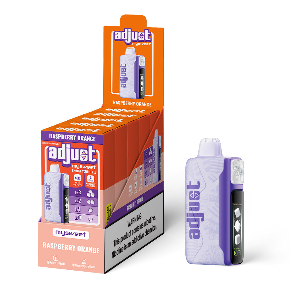 Adjust MySweet Raspberry Orange 40K Puffs Disposable Vape Packaging - Retail display of 10 packs featuring Raspberry Orange flavor with adjustable sweetness levels, 5% nicotine strength, rechargeable design, and vibrant orange and purple packaging with a prominently displayed nicotine warning label.