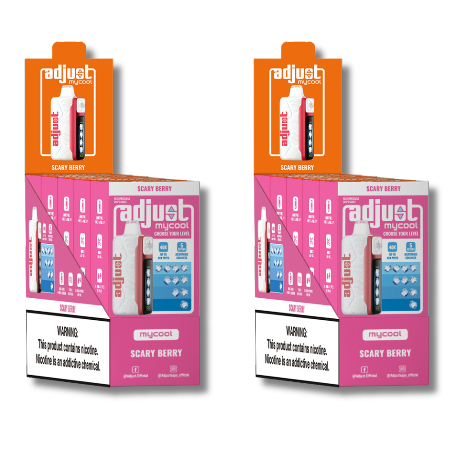 Adjust MyCool Scary Berry 40K Puffs Disposable Vape Packaging - Display of 10 packs featuring mixed berry flavor, adjustable ice level feature, 5% nicotine strength, bold pink and white design, with a clear nicotine addiction warning label.