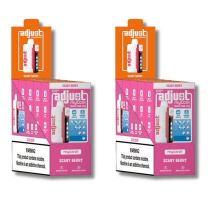 Adjust MyCool Scary Berry 40K Puffs Disposable Vape Packaging - Display of 10 packs featuring mixed berry flavor, adjustable ice level feature, 5% nicotine strength, bold pink and white design, with a clear nicotine addiction warning label.