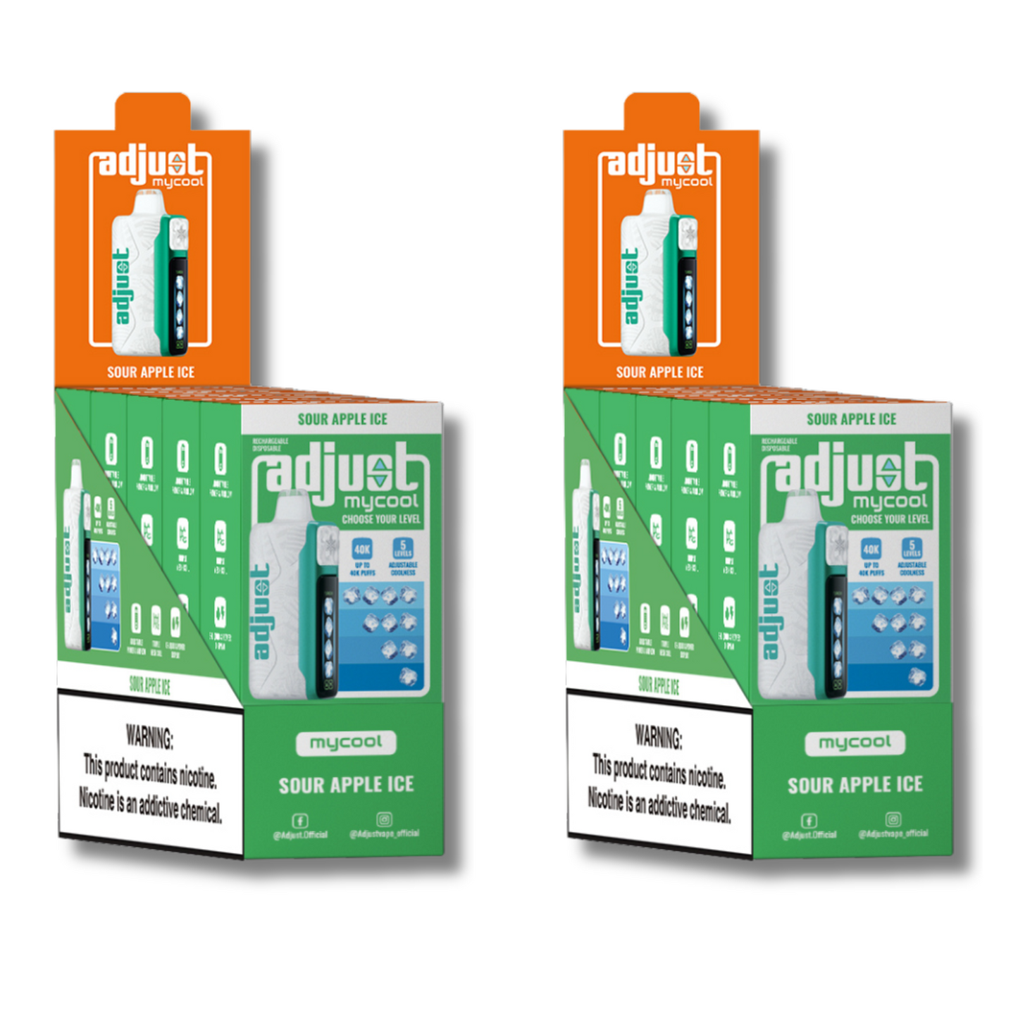 Adjust MyCool Sour Apple Ice 40K Puffs Disposable Vape Packaging - Retail display of 10 packs showcasing sour apple-flavored vape with adjustable ice cooling feature, 5% nicotine strength, vibrant green and white design, and a prominently displayed nicotine warning label.