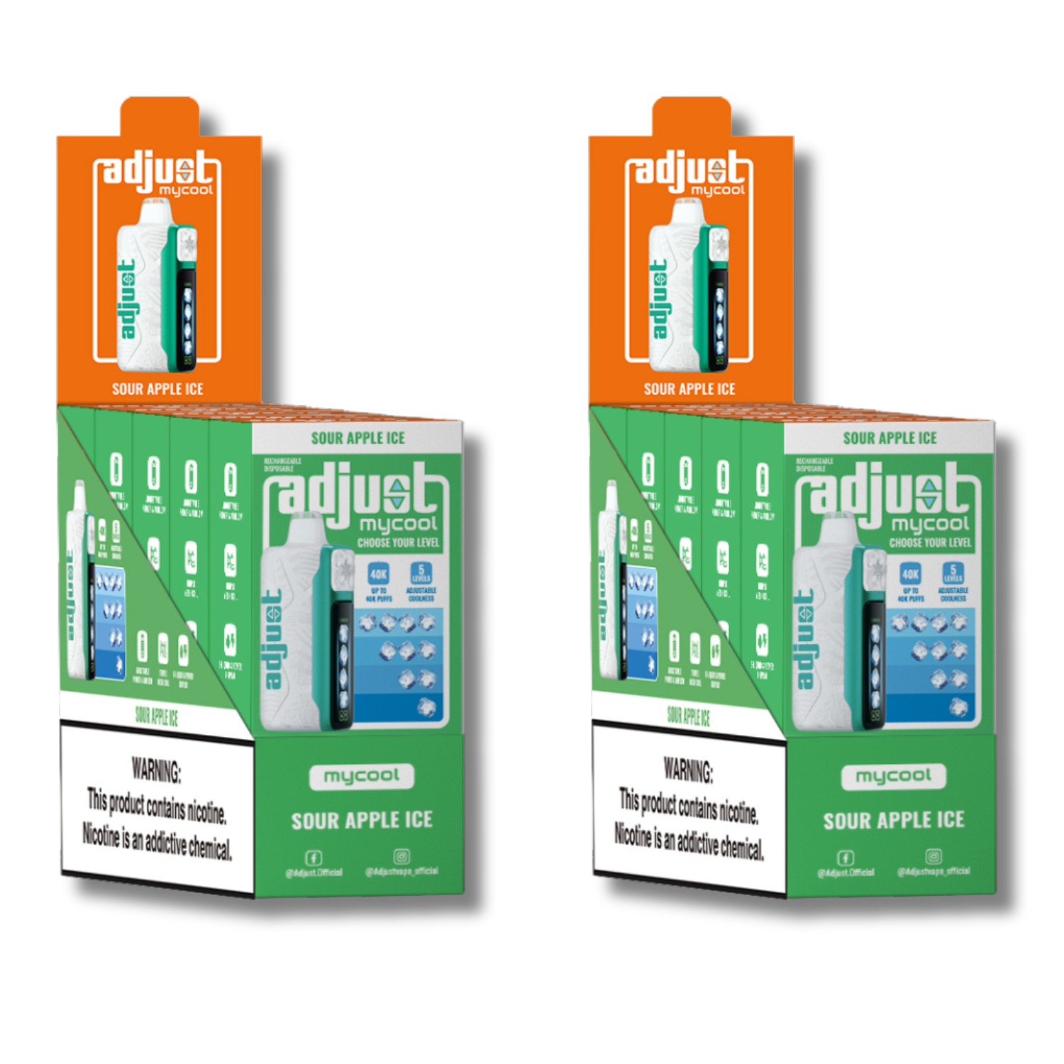 Adjust MyCool Sour Apple Ice 40K Puffs Disposable Vape Packaging - Retail display of 10 packs showcasing sour apple-flavored vape with adjustable ice cooling feature, 5% nicotine strength, vibrant green and white design, and a prominently displayed nicotine warning label.