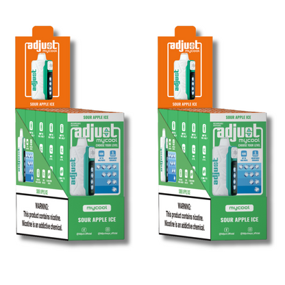 Adjust MyCool Sour Apple Ice 40K Puffs Disposable Vape Packaging - Retail display of 10 packs showcasing sour apple-flavored vape with adjustable ice cooling feature, 5% nicotine strength, vibrant green and white design, and a prominently displayed nicotine warning label.