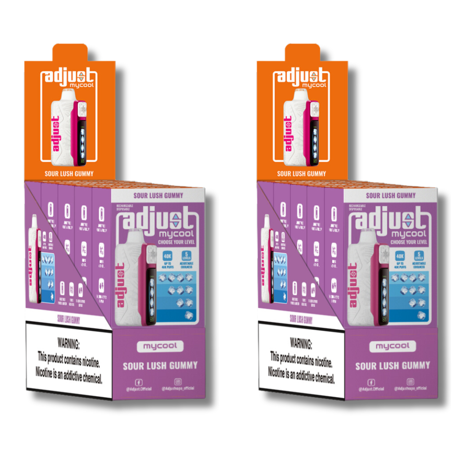 Adjust MyCool Sour Lush Gummy 40K Puffs Disposable Vape Packaging - Retail display of 10 packs featuring sour gummy-flavored vape with adjustable ice cooling feature, 5% nicotine strength, vibrant purple and white design, and a prominently displayed nicotine warning label.