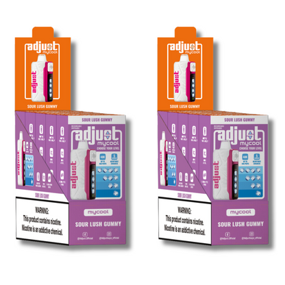 Adjust MyCool Sour Lush Gummy 40K Puffs Disposable Vape Packaging - Retail display of 10 packs featuring sour gummy-flavored vape with adjustable ice cooling feature, 5% nicotine strength, vibrant purple and white design, and a prominently displayed nicotine warning label.