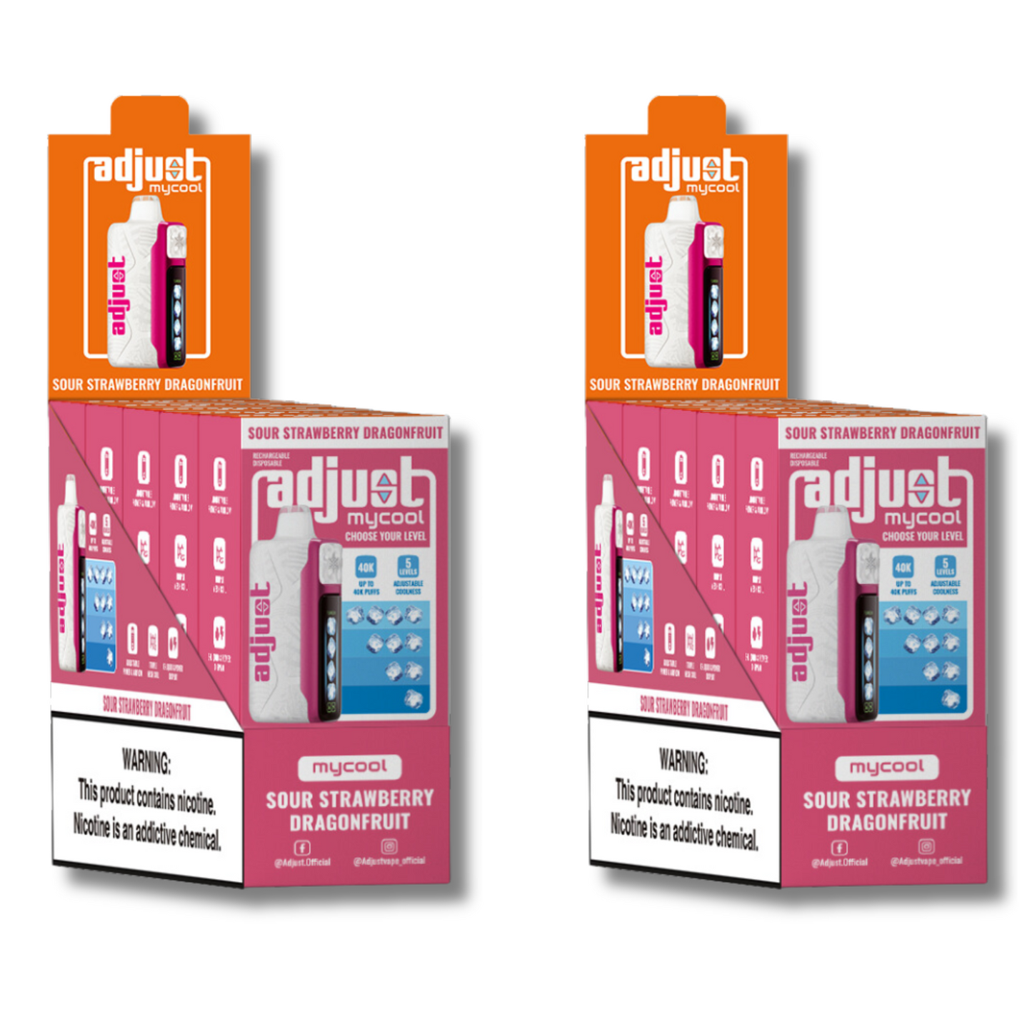 Adjust MyCool Sour Strawberry Dragonfruit 40K Puffs Disposable Vape Packaging - Retail display of 10 packs featuring sour strawberry and dragonfruit-flavored vape with adjustable ice cooling feature, 5% nicotine strength, vibrant pink and white design, and a prominently displayed nicotine warning label.